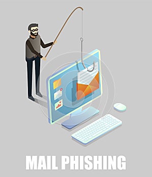 Isometric cyber thief stealing email message from computer using fishing rod, hook, vector illustration. Mail phishing.
