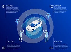 Isometric Cybernetic Robots and people works with a virtual interface in augmented reality. Virtual computer development