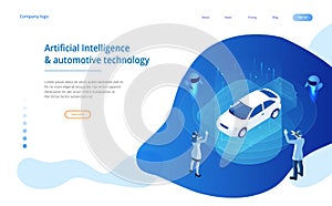 Isometric Cybernetic Robots and people works with a virtual interface in augmented reality. Virtual computer development