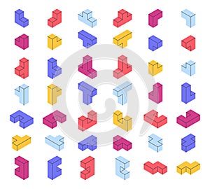 Isometric 3D blocks, puzzle game geometric shapes. Colorful mosaic cube blocks, logic games constructor elements vector