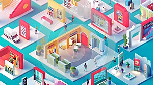 Isometric 3D composition of a multistore exhibition in  art
