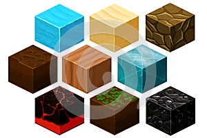 Isometric 3D cube textures vector set for computer games