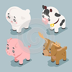 Isometric 3d cute baby animals cartoon cubs flat design icons set character vector illustration