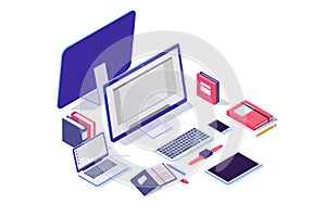 Isometric 3d electronic items with laptop, tablet, notebook, mobile phone and folder.