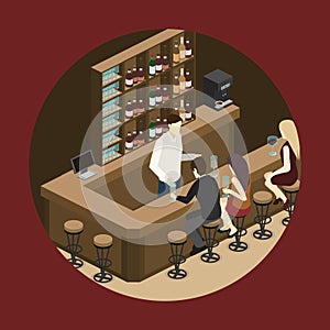 Isometric 3D flat interior of bar or pub.
