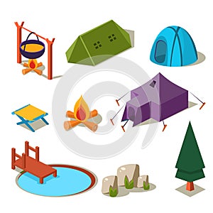 Isometric 3d Forest Camping Elements for Landscape