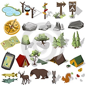 Isometric 3d forest hiking elements