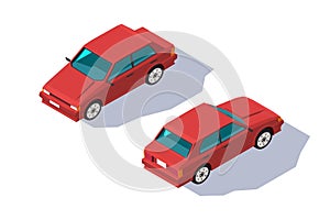 Isometric 3d four-seater red classic sedan car for family. photo