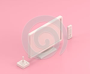 Isometric 3d Icon, a group of white  tv, remote and joystick in flat color pink room,single color white, cute toylike household