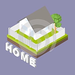 Isometric 3D icon. Pictograms house with a white fence and trees. Vector illustration eps 10
