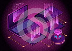 Isometric 3D illustration Cloud Technology Work.It`s upload data to cloud computing