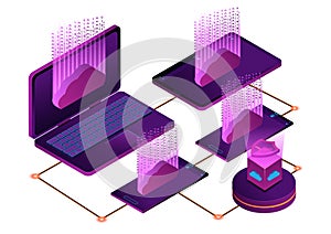 Isometric 3D illustration Cloud Technology Work on white background.It`s upload data to cloud computing.