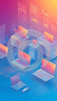 Futuristic Multi-Screen Data Analysis Concept with Isometric 3D Interface Elements