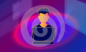 Isometric 3d illustration of guy programmer coding a project using computer. Programmer freelancer at work.