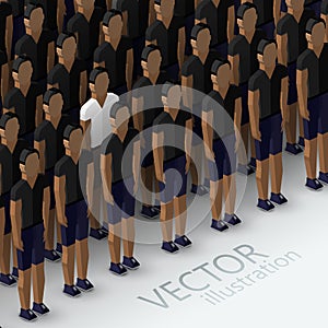 Isometric 3d illustration of men's community with a large group of guys and men. crowd and unique person concept