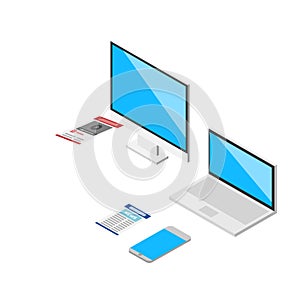 Isometric 3d laptop, tablet, smartphone, computer screen responsive web design vector elements.