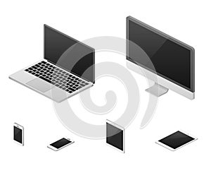Isometric 3d laptop, tablet, smartphone, computer screen responsive web design vector elements