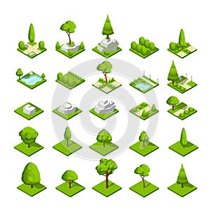 Isometric 3d nature elements. Forest and city park trees and plants. Vector map graphics