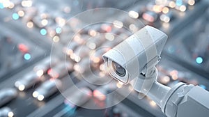 Isometric 3D render at night featuring a white rectangular street CCTV