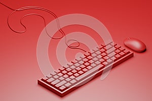 Isometric 3D rendering Mouse and keyboard red color with Question mark made from cable, Information Data Search Technology concept