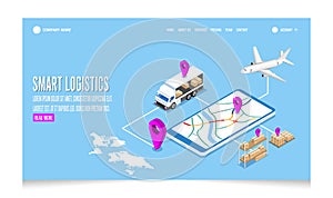 Isometric 3D Smart global logistics delivery tracking system on smartphone concept with export, import, warehouse business and photo