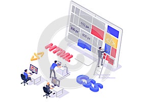Isometric 3d teamwork building and do layout new modern site.