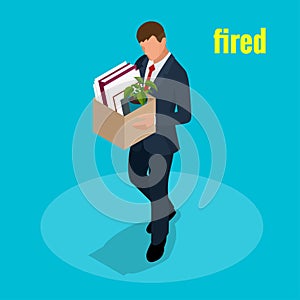 Isometric 3d vector illustration people Dismissed sad man carrying box with her things Dismissal, Unemployment, jobless