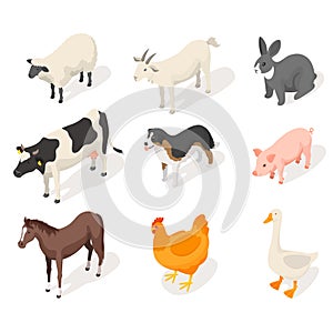 Isometric 3d vector set of farm animals.