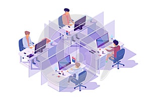 Isometric 3d workplace with four sections and businessman programmer at computer.