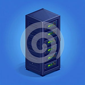 Isometric Dark Server Rack on Blue Background