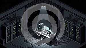 Isometric Dark Server Room with Computer Setup and Network Racks