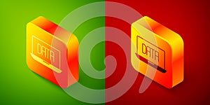 Isometric Data analysis icon isolated on green and red background. Business data analysis process, statistics. Charts