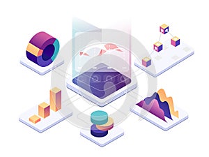 Isometric data analysis. Modern digital graphics and charts analyzing statistics. Vector 3d illustration.