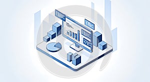 Isometric Data Analysis and Visualization with Graphs and Charts on Computer Screen Illustration
