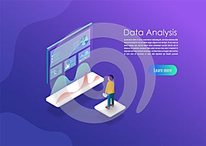 Isometric data analytics concept banner. Can use for web banner, infographics, hero images. Flat isometric vector illustrations