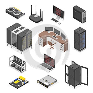 Isometric data center elements. Digital technologies, computers and monitors. Server equipment, router and components