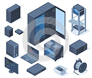 Isometric data center, network technology and hosting servers equipment. Network server room, cloud database station