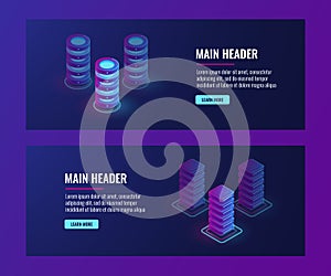 Isometric data flow processing concpet vector, server room, data center and database banner