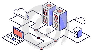 Isometric data network: connected servers and laptop for cloud solutions, vector design Generative AI