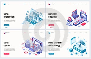 Isometric data protection technology vector illustration, cartoon 3d protecting datacenter software, tech service for