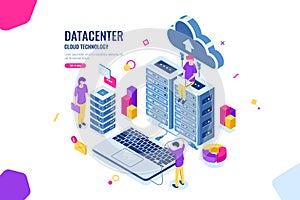 Isometric data security, computer engineer, data center and server room, cloud computing, people working together photo