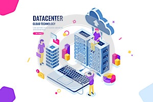 Isometric data security, computer engineer, data center and server room, cloud computing, people working together