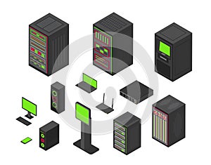 Isometric data server. 3d icons. Hardware network technology. PC center equipment. Router system. Datacenter and