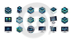 Isometric data stacks and monitor displays with digital interfaces, ai generated