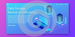 Isometric data storage, Backup and recovery with laptop and smartphone concept.Web template design.vector illustration