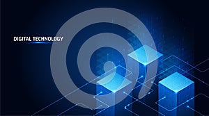 Isometric data technology network 3D vector illustration with digital server platforms and cubes connected by lines. Abstract
