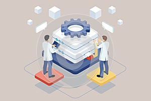 Isometric database and cloud data storage concept, server room, accumulation of information