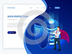 Isometric database protection concept. Server room rack, database security, shield server unit, computing digital