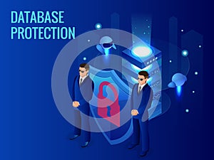 Isometric database protection concept. Server room rack, database security, shield server unit, computing digital