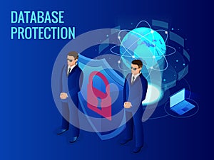Isometric database protection concept. Server room rack, database security, shield server unit, computing digital